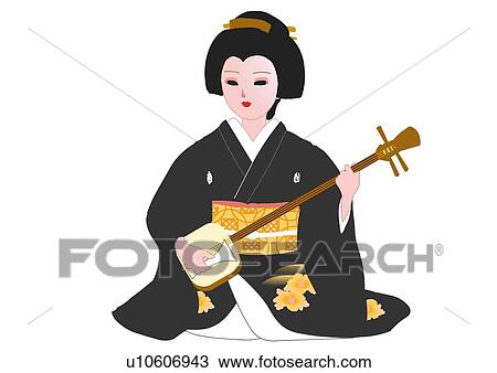 Drawing - Woman sitting and playing the shamisen in Japanese style clothing, front view, Japan. Fotosearch