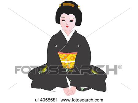 Clip Art - Woman sitting and smiling in Japanese style clothing, front view, Japan. Fotosearch
