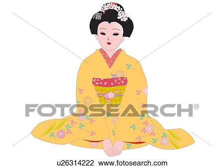 Woman sitting and smiling in Japanese style clothing, front view, Japan View Large Illustration Drawing - Woman sitting and smiling in Japanese style clothing, front view, Japan. Fotosearch