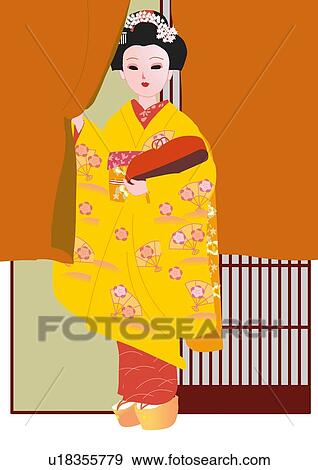Stock Illustration - Woman standing and holding bundle wrapped in cloth, front view, Japan. Fotosearch