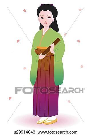 Woman standing and holding graduation diploma in cylinder in Japanese style clothing, front view, Japan View Large Illustration Drawing - Woman standing and holding graduation diploma in cylinder in Japanese style clothing, front view, Japan. Fotosearch