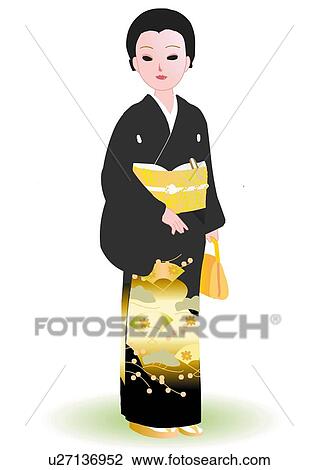 Drawing - Woman standing and holding orange bag in Japanese style clothing, front view, Japan. Fotosearch