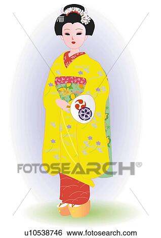 Woman standing and holding paper fan in Japanese style clothing, front view, Japan View Large Illustration Stock Illustration - Woman standing and holding paper fan in Japanese style clothing, front view, Japan. Fotosearch