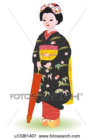Stock Illustration - Woman standing and holding umbrella in Japanese style clothing, front view, Japan. Fotosearch