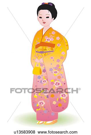 Woman standing and holding yellow bag in Japanese style clothing, front view, Japan View Large Illustration Stock Illustration - Woman standing and holding yellow bag in Japanese style clothing, front view, Japan. Fotosearch