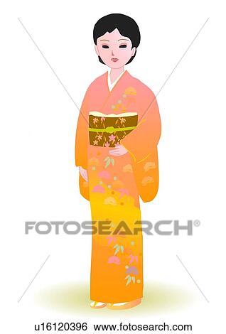 Stock Illustration - Woman standing and smiling in Japanese style clothing, front view, Japan. Fotosearch