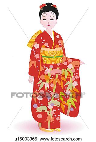 Woman standing in Japanese style clothing, front view, Japan View Large Illustration Stock Illustration - Woman standing in Japanese style clothing, front view, Japan. Fotosearch