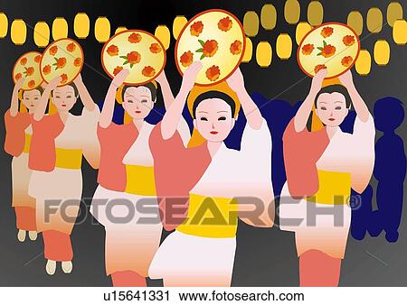 Clip Art - Women enjoying Japanese dance in festival, front view, Yamagata prefecture, Japan. Fotosearch