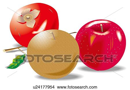 Stock Illustration - Apple, Persimmon and Pear. Fotosearch