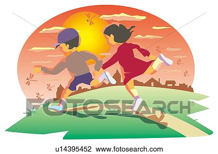 Drawing - Boy and girl going back to home. Fotosearch