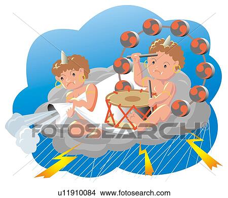 Stock Illustration - Boys of Raijin Devil sending rain. Fotosearch