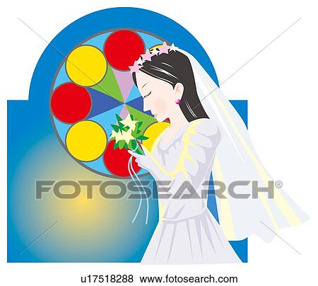 Stock Illustration - Bride holding bouquet, side view . Fotosearch