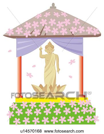 Stock Illustration - Buddha is standing up with one hand pointing to heaven, Hanamatsuri. Fotosearch