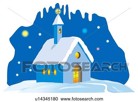 Clipart - Church in snow, night. Fotosearch