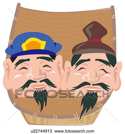 Drawing - Ebisu and Daikokkuten smiling in bamboo basket, Japan. Fotosearch