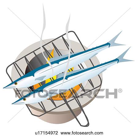 Drawing - Fish Cooking on the Grill . Fotosearch
