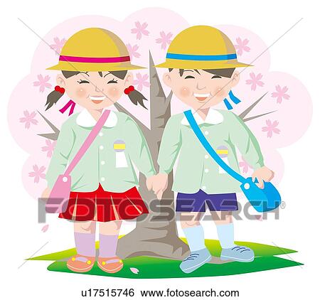 Girl and boy standing against cherry tree, smiling, View Large Illustration Stock Illustration - Girl and boy standing against cherry tree, smiling, . Fotosearch