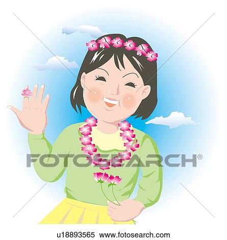 Girl enjoying flower arrangement, smiling, View Large Illustration Stock Illustration - Girl enjoying flower arrangement, smiling, . Fotosearch