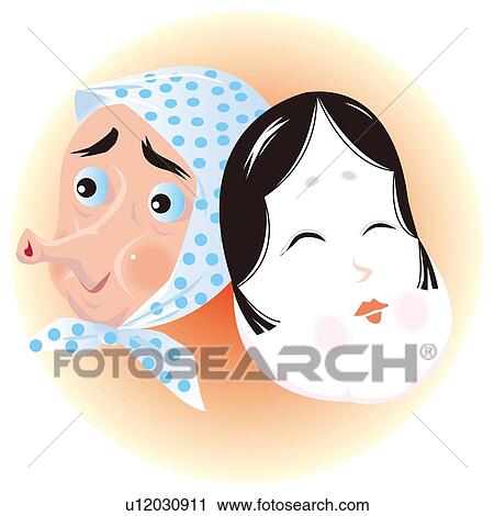 Hyottoko and Okame Mask, Japan View Large Illustration Clip Art - Hyottoko and Okame Mask, Japan. Fotosearch