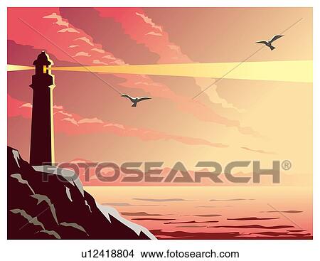 Stock Illustration - Lighthouse with two lights beams into the dusk . Fotosearch