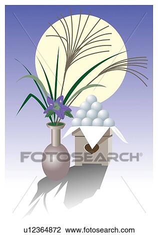 Drawing - Moon viewing with dumpling and pampas grass, tsukimi . Fotosearch