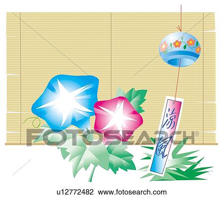 Drawing - Morning Glories and wind bell(furin) in summer . Fotosearch