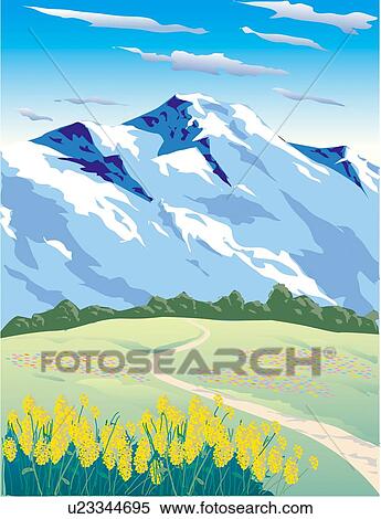 Mountain and flower field in spring View Large Illustration Stock Illustration - Mountain and flower field in spring. Fotosearch