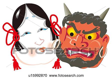 Oni Devil And Okame マスク Setsubun 日本 クリップアート 切り張り イラスト 絵画 集 U Fotosearch