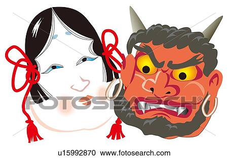 Oni(devil)and Okame Mask, Setsubun, Japan View Large Illustration Clipart - Oni(devil)and Okame Mask, Setsubun, Japan. Fotosearch