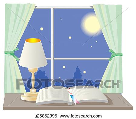 Open book by window overlooking full moon View Large Illustration Stock Illustration - Open book by window overlooking full moon. Fotosearch