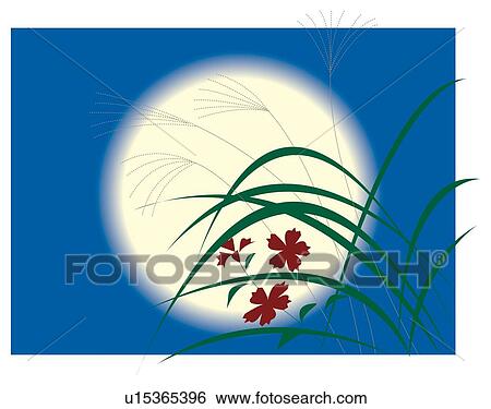 Pampas grasses and full moon, chushunomeigetsu, Japan View Large Illustration Stock Illustration - Pampas grasses and full moon, chushunomeigetsu, Japan. Fotosearch