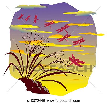 Stock Illustration - Pampas grasses and red dragonflies. Fotosearch