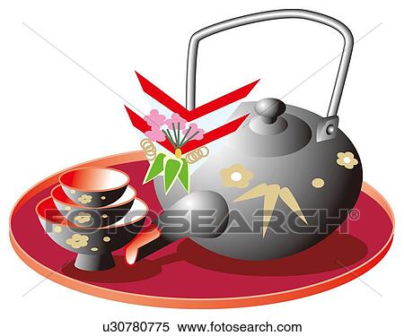 Stock Illustration - Sake pot and cups, Otoso, Japan . Fotosearch