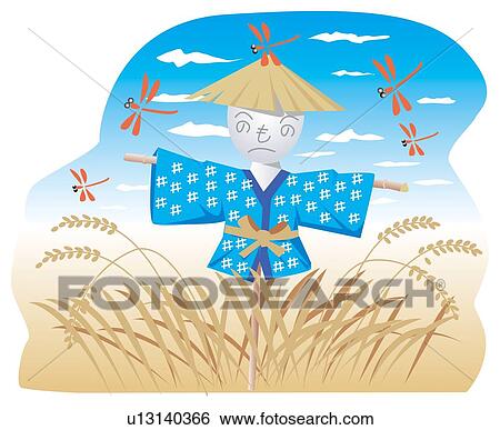 Stock Illustration - Scarecrow in rice field . Fotosearch