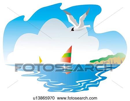 Sea gull flying on the sea View Large Illustration Clipart - Sea gull flying on the sea. Fotosearch