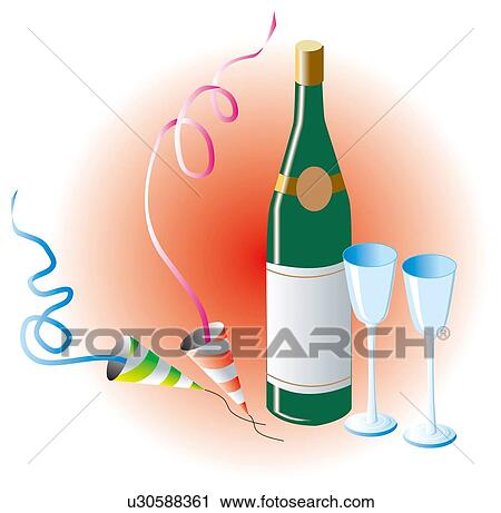 Streamers, champagne and glass View Large Illustration Clip Art - Streamers, champagne and glass . Fotosearch