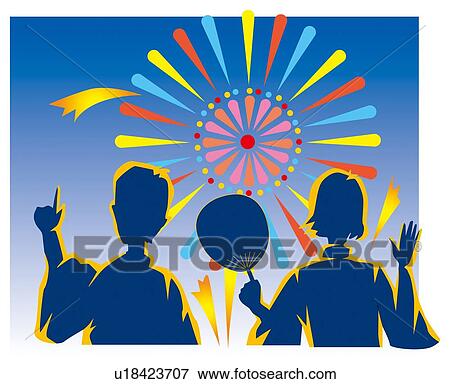 Stock Illustration - Two young people watching fireworks, night, rear view . Fotosearch
