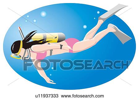 Woman scuba diving in sea View Large Illustration Drawing - Woman scuba diving in sea. Fotosearch