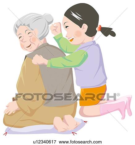 Young man massaging senior man's shoulders Japan View Large Illustration Stock Illustration - Young man massaging senior man's shoulders Japan . Fotosearch