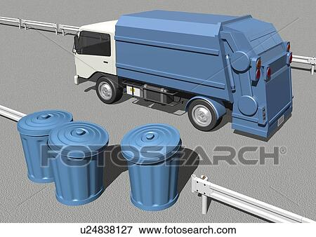 Stock Illustration - Image of a Blue-colored Refuse Lorry, High Angle View, Side View, Illustration. Fotosearch