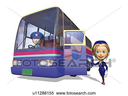 Stock Illustration - Image of a Blue-colored Tourist Bus With a Guide Waiting in Front of it, Front View, Illustration. Fotosearch