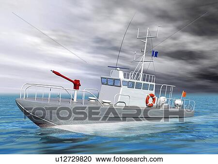Clipart - Image of a Boat in the Sea on a Cloudy Day, Side View, Illustration. Fotosearch