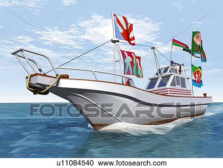 Image of a Boat With Several Colorful Flags On the Sea, Side View, Low Angle View, Illustration View Large Illustration Clipart - Image of a Boat With Several Colorful Flags On the Sea, Side View, Low Angle View, Illustration. Fotosearch