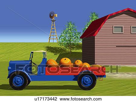 Drawing - Image of a Country House and a Truck Loaded With Pumpkins, Side View, Front View, Illustration. Fotosearch