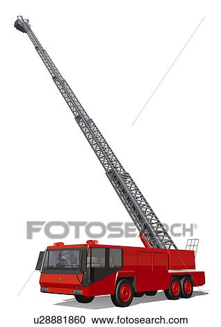 Clipart - Image of a Fire Engine and Its Long Silver Ladder, Side View, Illustration. Fotosearch