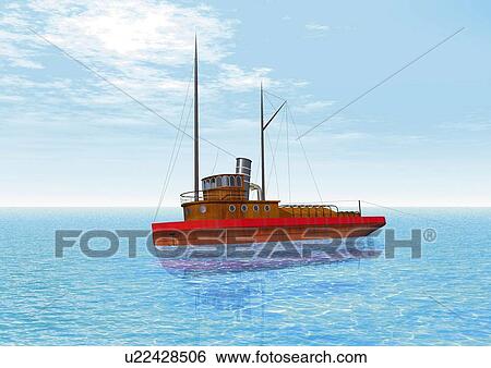 Stock Illustration - Image of a Fisher Boat Under a Blue Sky, Side View, Illustration. Fotosearch