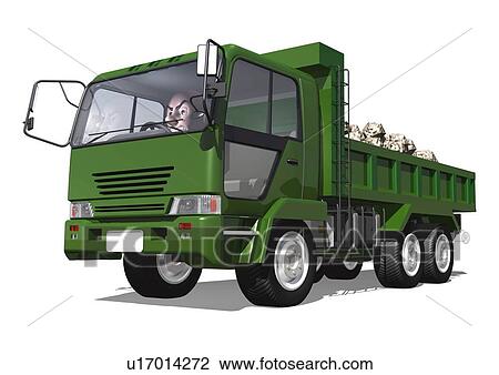 Drawing - Image of a Huge, Green-colored truck, Low Angle View, Side View, Illustration. Fotosearch