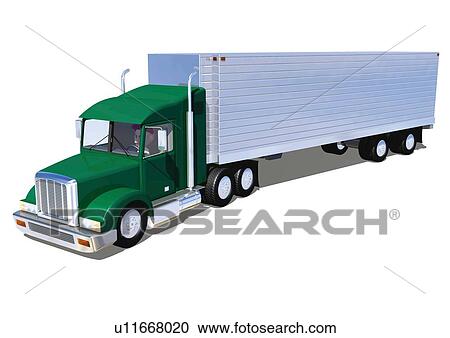 Clipart - Image of a Huge Silver and Green-colored truck, Side View, Illustration. Fotosearch