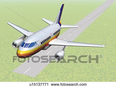 Clip Art - Image of a Jumbo Jet About to Take Off, High Angle View, Illustration. Fotosearch