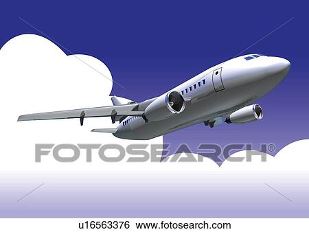 Stock Illustration - Image of a Jumbo Jet in the Air, Surrounded By Clouds, Side View, Illustration. Fotosearch